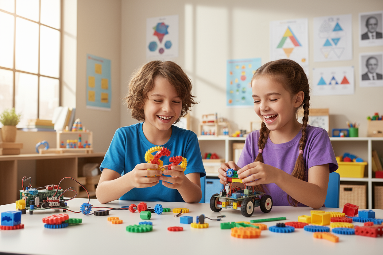 two kids building STEM robotic toys, in a classroom setup with both the kids looking happy 